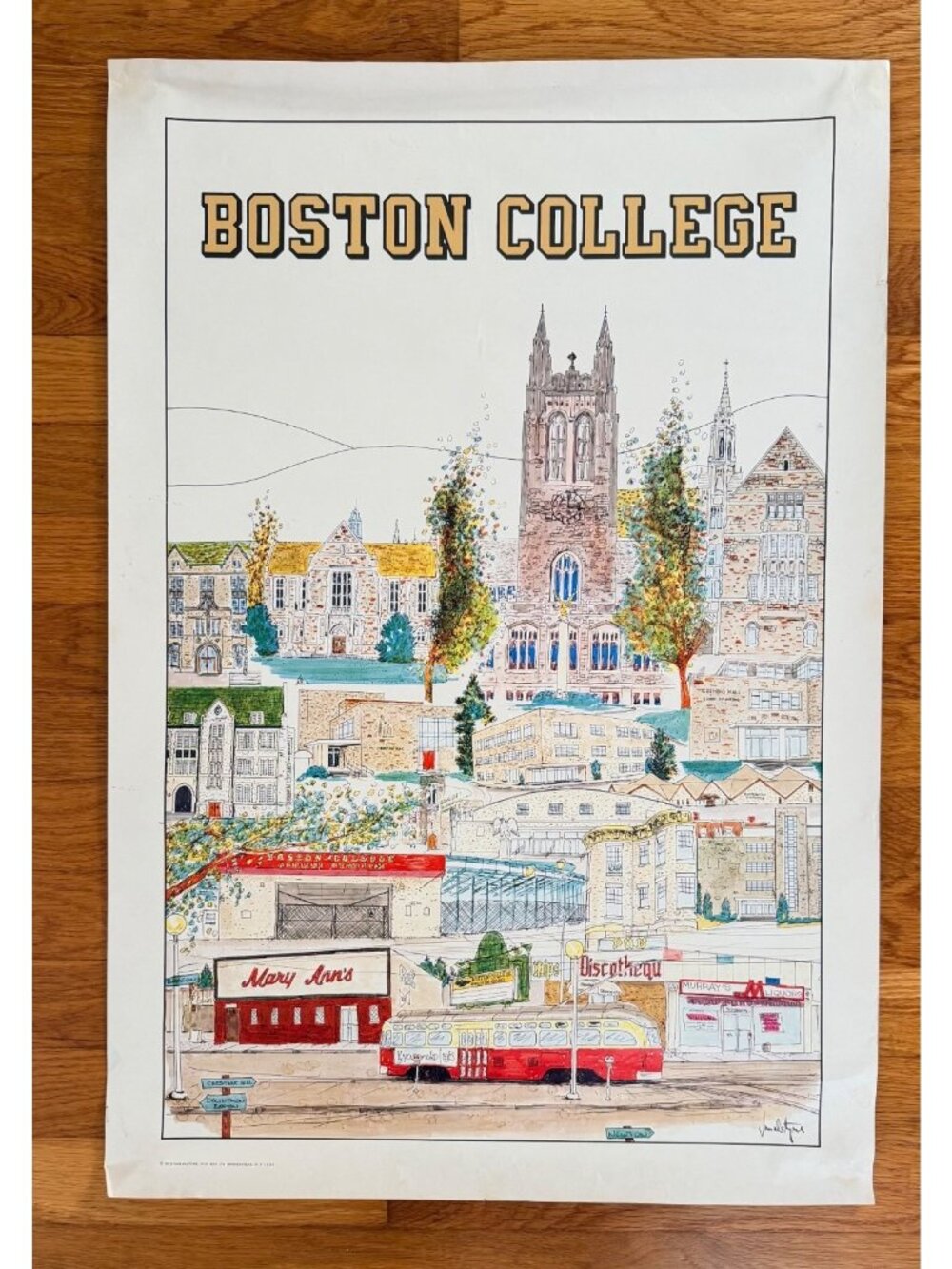 Boston College 1978 Van Alstyne Illustrated Campus Poster Vintage Wall Art